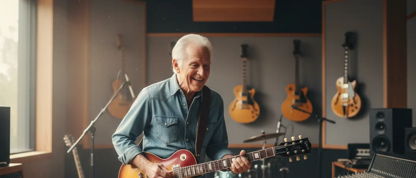 Elderly American man playing electric guitar energetically in a professional recording studio