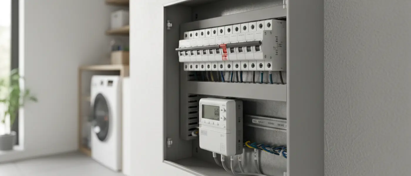 Groepenkast met aardlekschakelaars in een Nederlandse woning, rode indicator zichtbaar op een uitgeschakelde groep