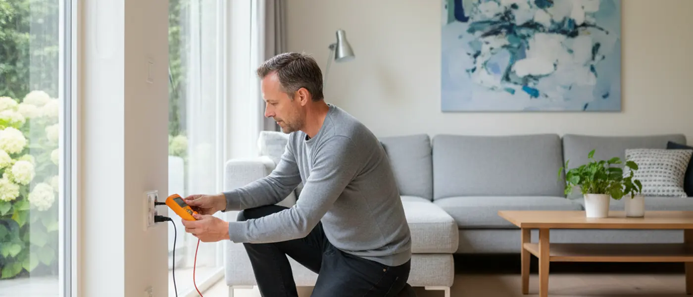 Bewoner controleert stopcontact met spanningstester in een moderne Nederlandse woonkamer