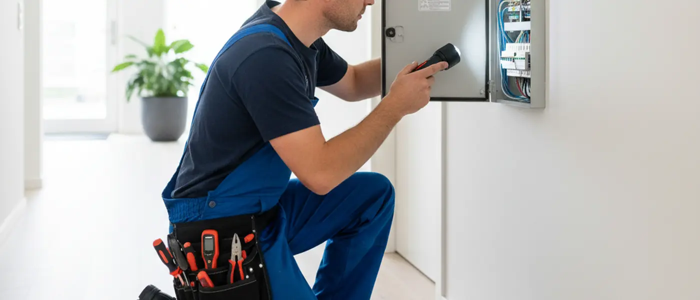 Elektricien in werkkleding inspecteert een groepenkast met zaklamp in een Nederlandse woning