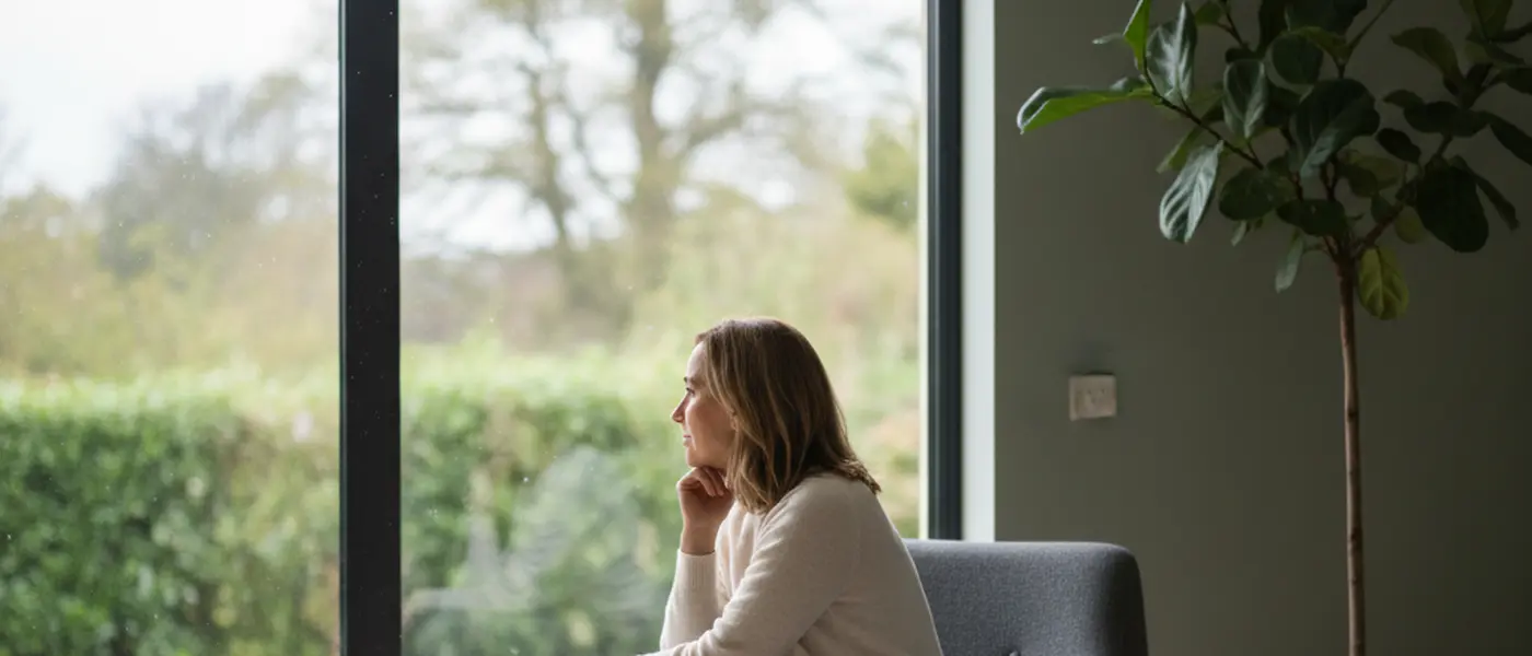 Person sitting quietly alone in a modern British living room, thoughtful expression near a window