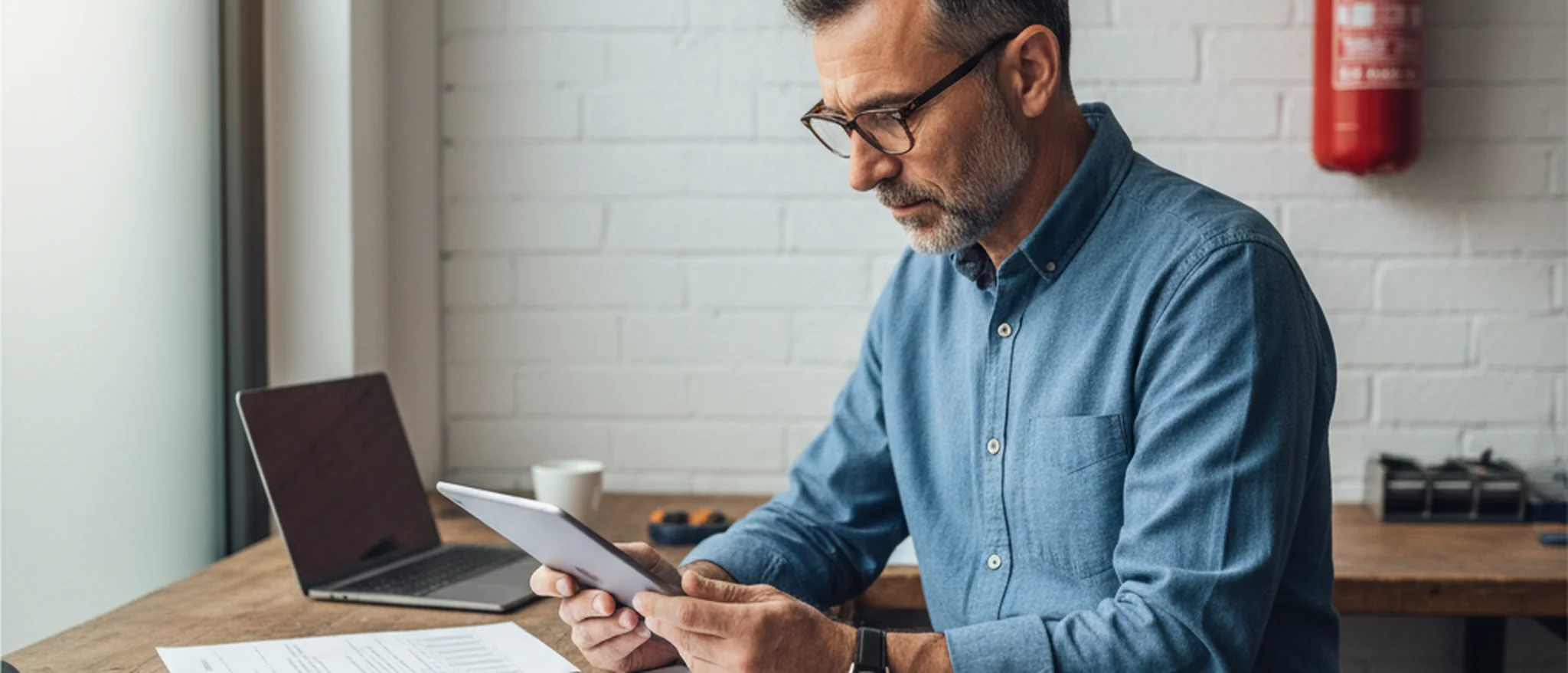 Titolare di una PMI italiana che esamina documenti di conformità sulla sicurezza nel suo ufficio