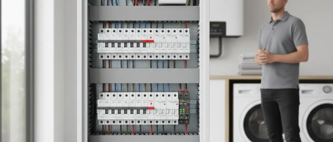 Nederlandse meterkast met duidelijk gelabelde groepschakelaars en een rode hoofdschakelaar