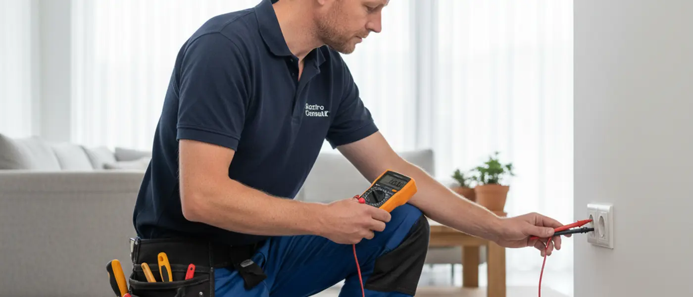 Gecertificeerde elektricien test een stopcontact met een multimeter in een woonkamer