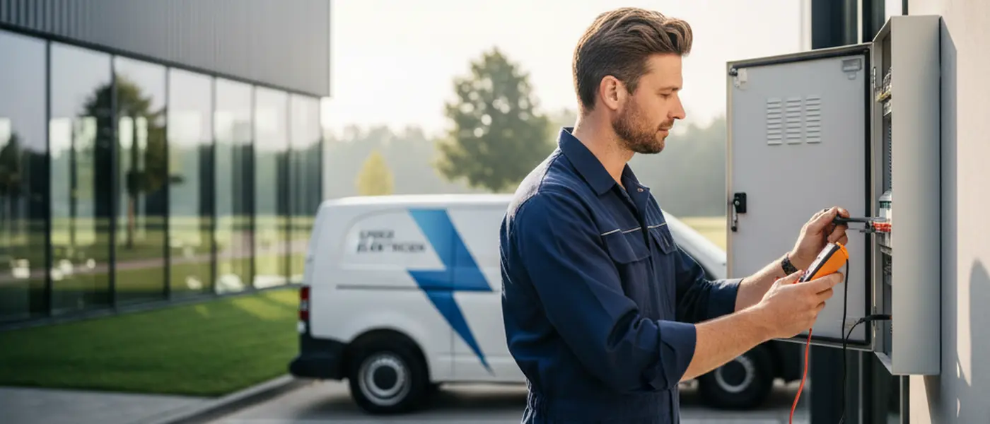 Nederlandse elektricien inspecteert een meterkast met een zaklamp in een woning bij nacht