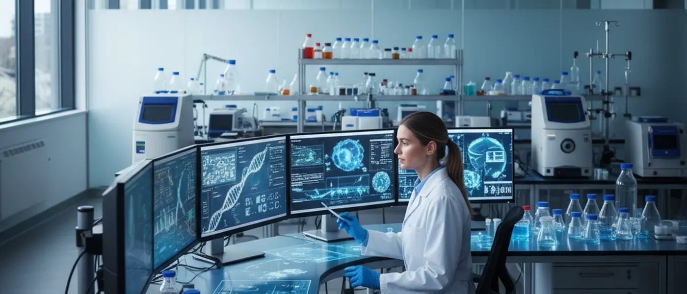 Laboratoire de recherche oncologique avec scientifique analysant des données de traitement du cancer sur écran lumineux bleu