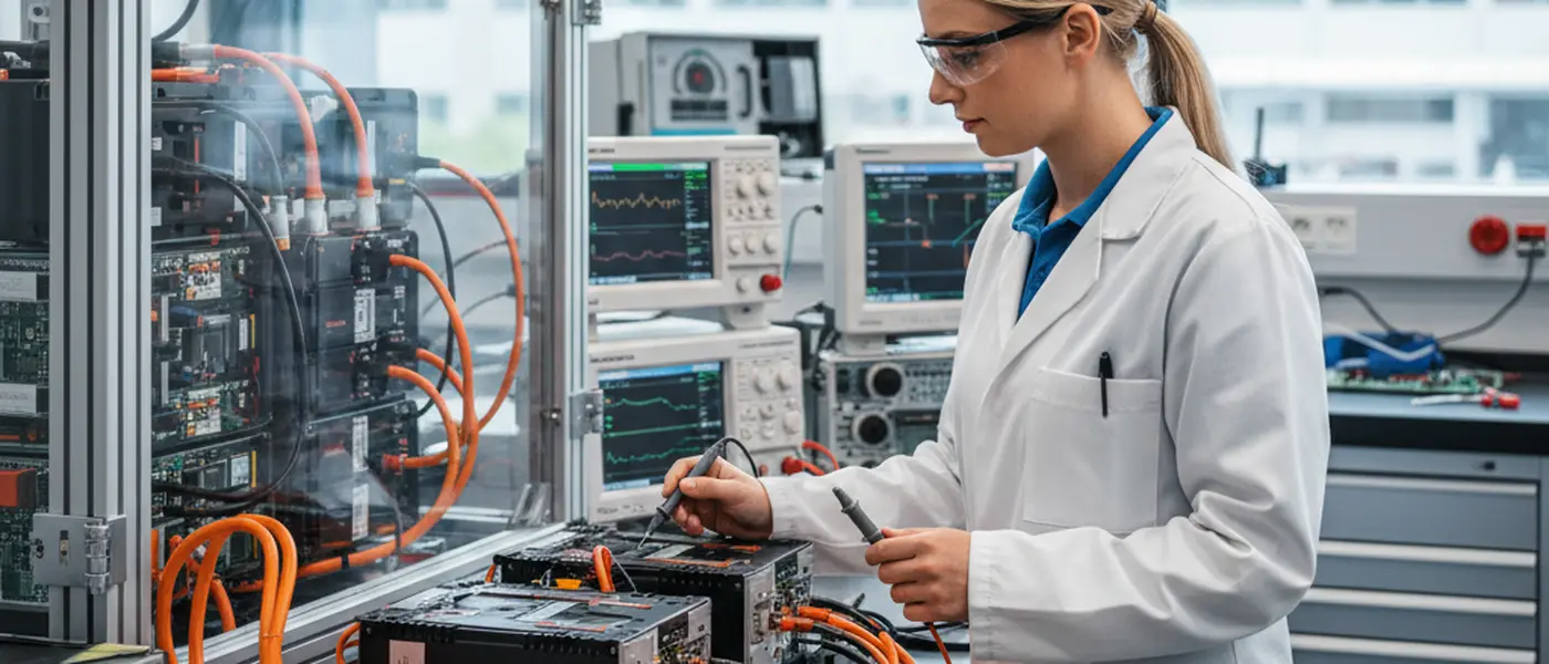 Ingenieur prüft ein Elektrofahrzeug-Batteriemanagementsystem mit SiC-Leistungsmodulen