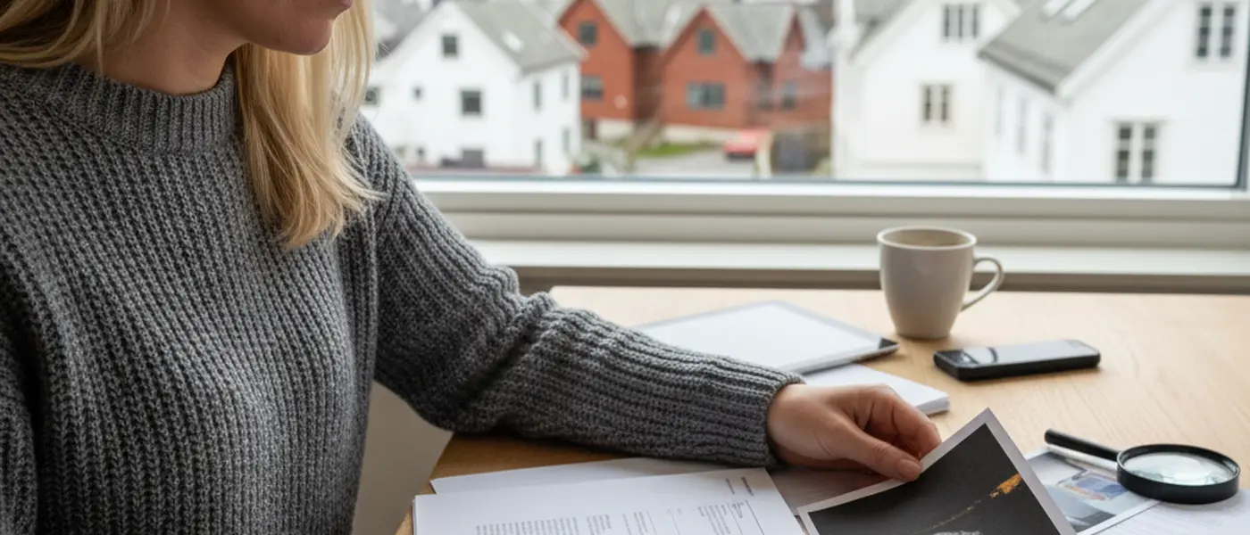 Kvinne gjennomgår tilstandsrapport og fuktskadedokumentasjon ved kjøkkenbordet i en norsk bolig