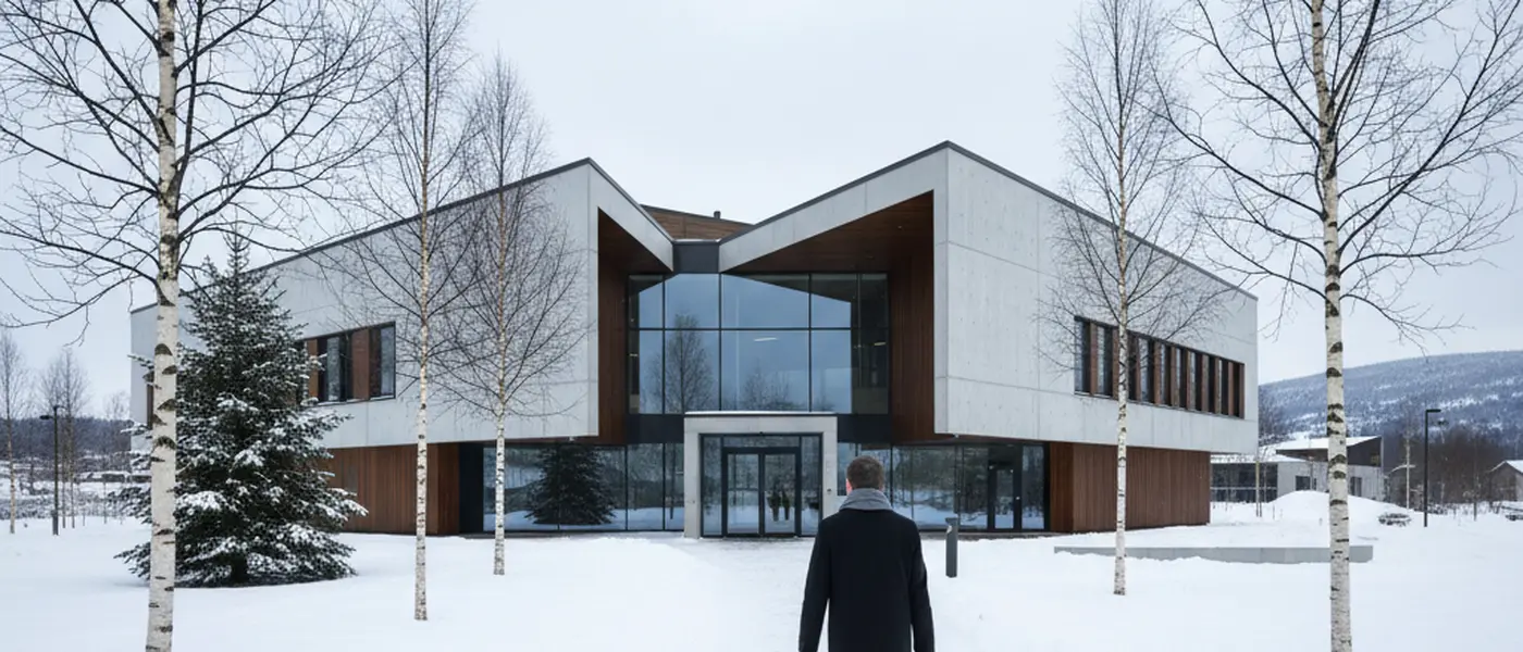 Person i mørk frakk med dokumentmappe utenfor en norsk tingrett vinterstid