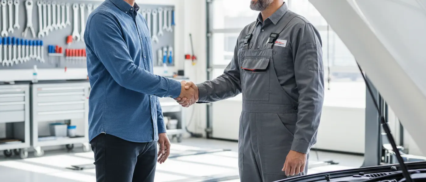 Kunde und Kfz-Mechaniker beim Handschlag in einer sauberen Autowerkstatt neben einem silbernen Pkw