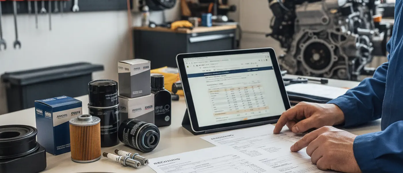 Werkstattrechnung und Kostenvoranschlag auf einem Schreibtisch neben Kfz-Ersatzteilen in einer deutschen Autowerkstatt