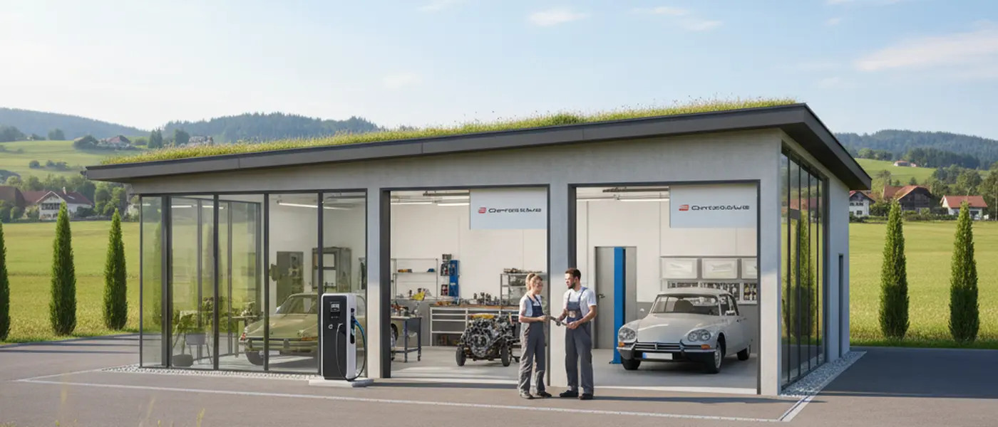 Kfz-Mechaniker inspiziert ein Fahrzeug auf einer Hebebühne in einer modernen deutschen Autowerkstatt