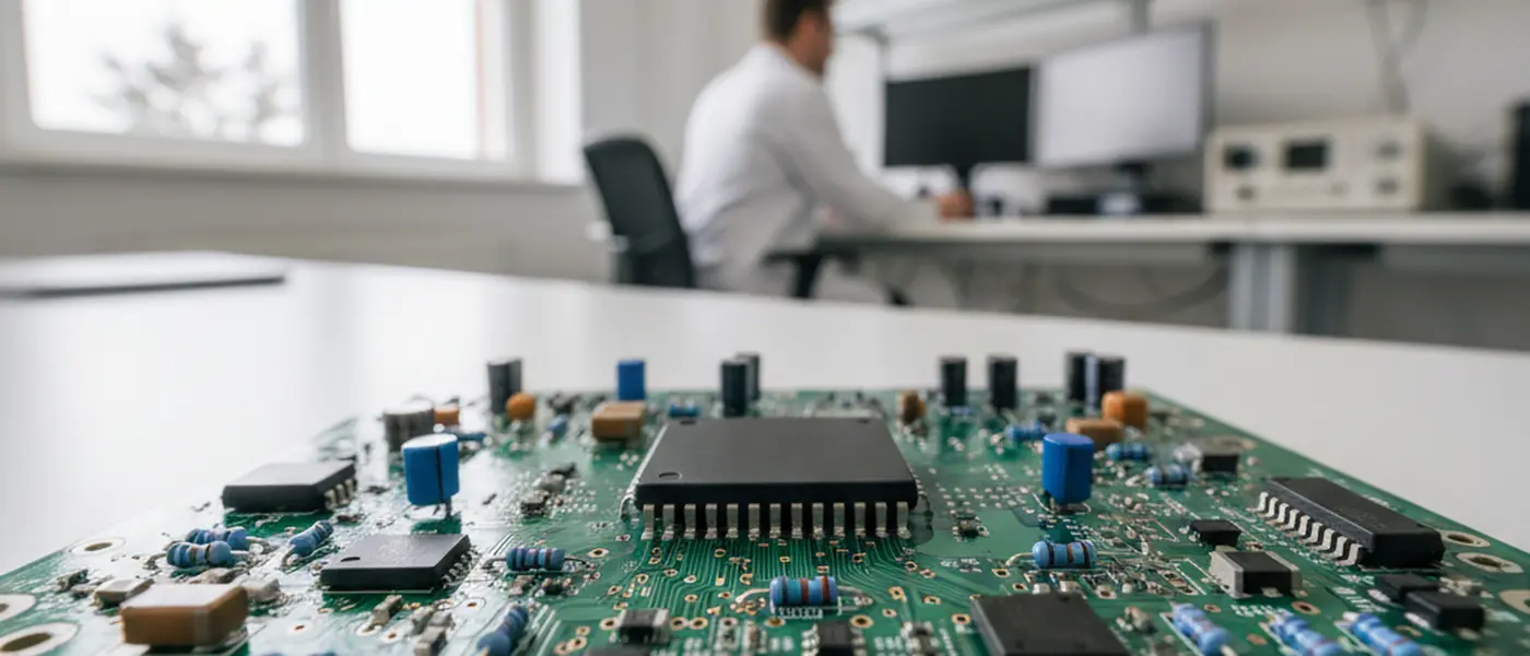 Composants électroniques montés sur un circuit imprimé dans un laboratoire d'électronique