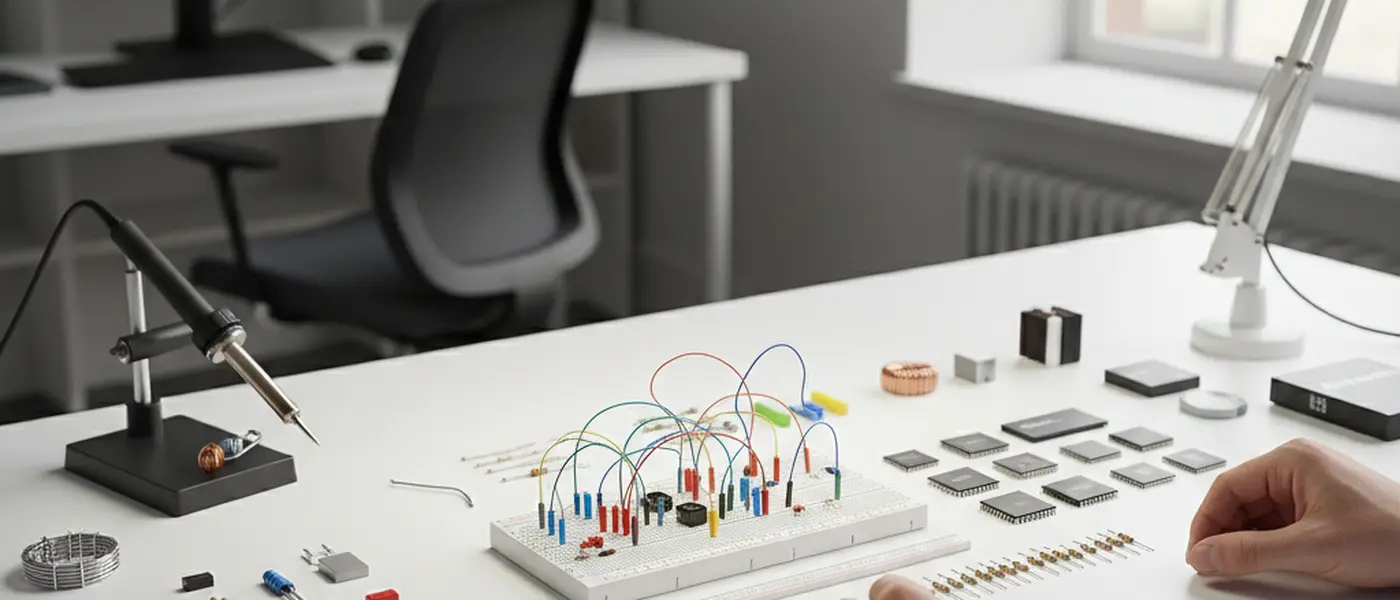 Assortiment de composants électroniques sur un plan de travail avec résistances, condensateurs et breadboard