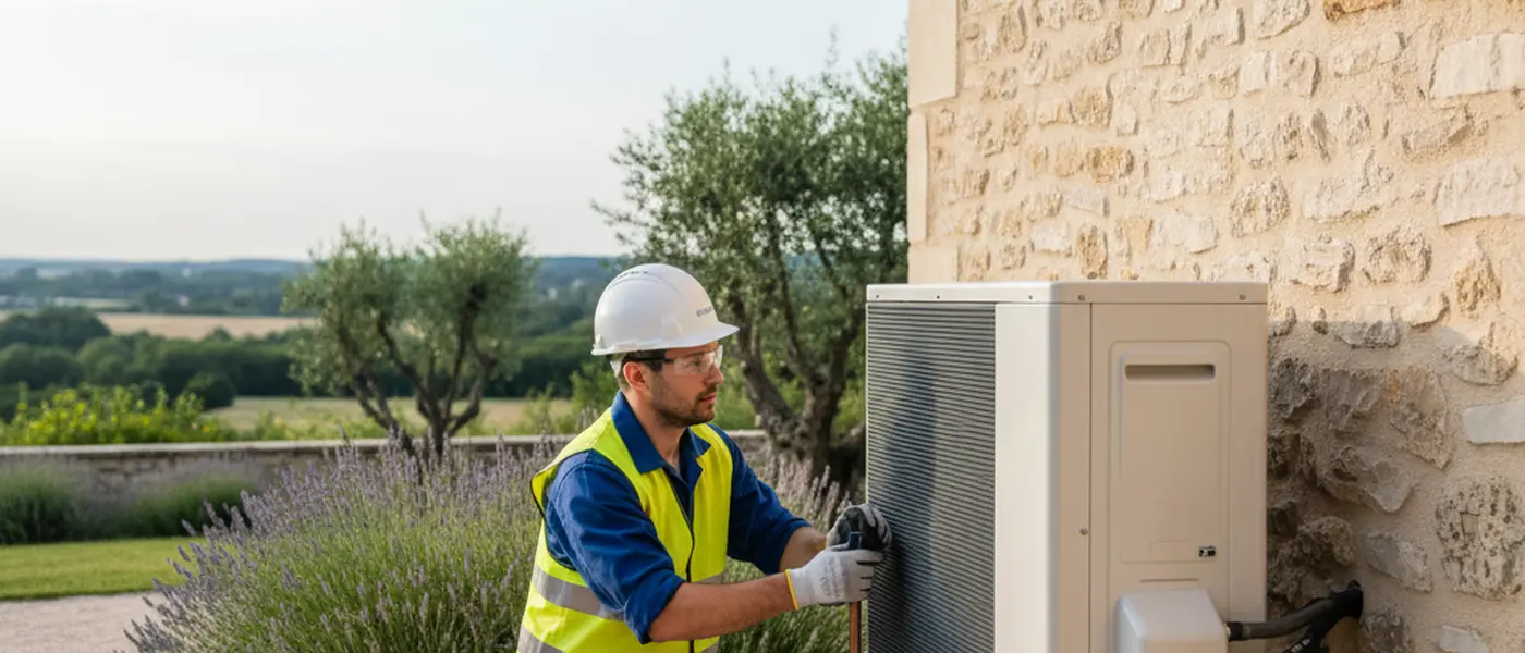 Technicien RGE installant une pompe à chaleur air-eau devant une maison en pierre française
