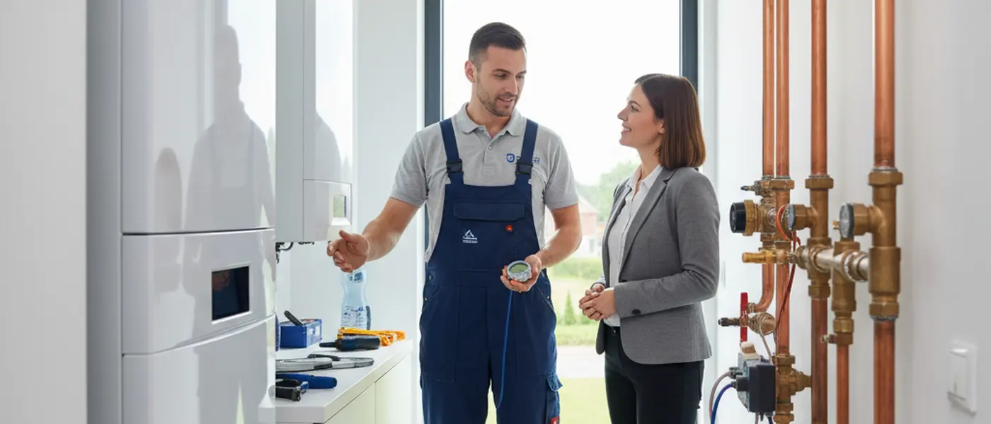 Plombier chauffagiste inspectant une chaudière murale dans un appartement parisien moderne