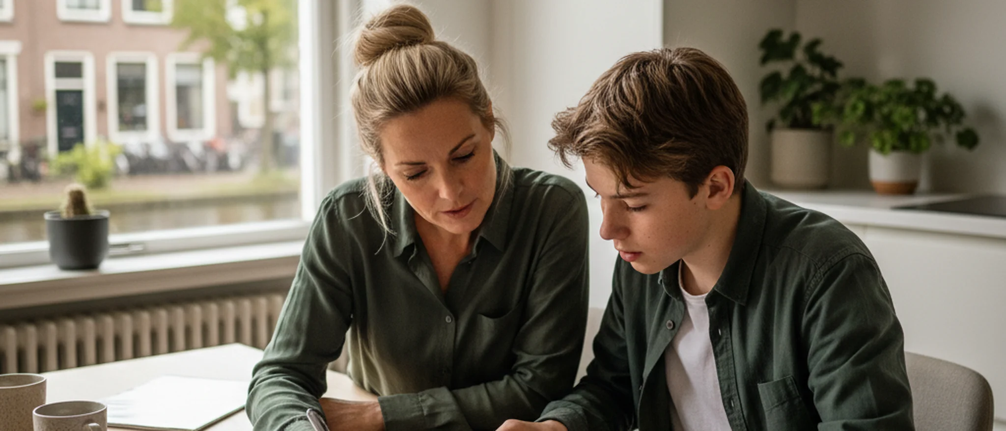 Ouder en tiener bekijken samen een wiskundetoets aan de keukentafel