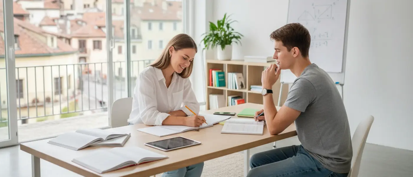 Nederlandse leerling krijgt bijles wiskunde van een docent aan een bureau met schoolboeken en laptop