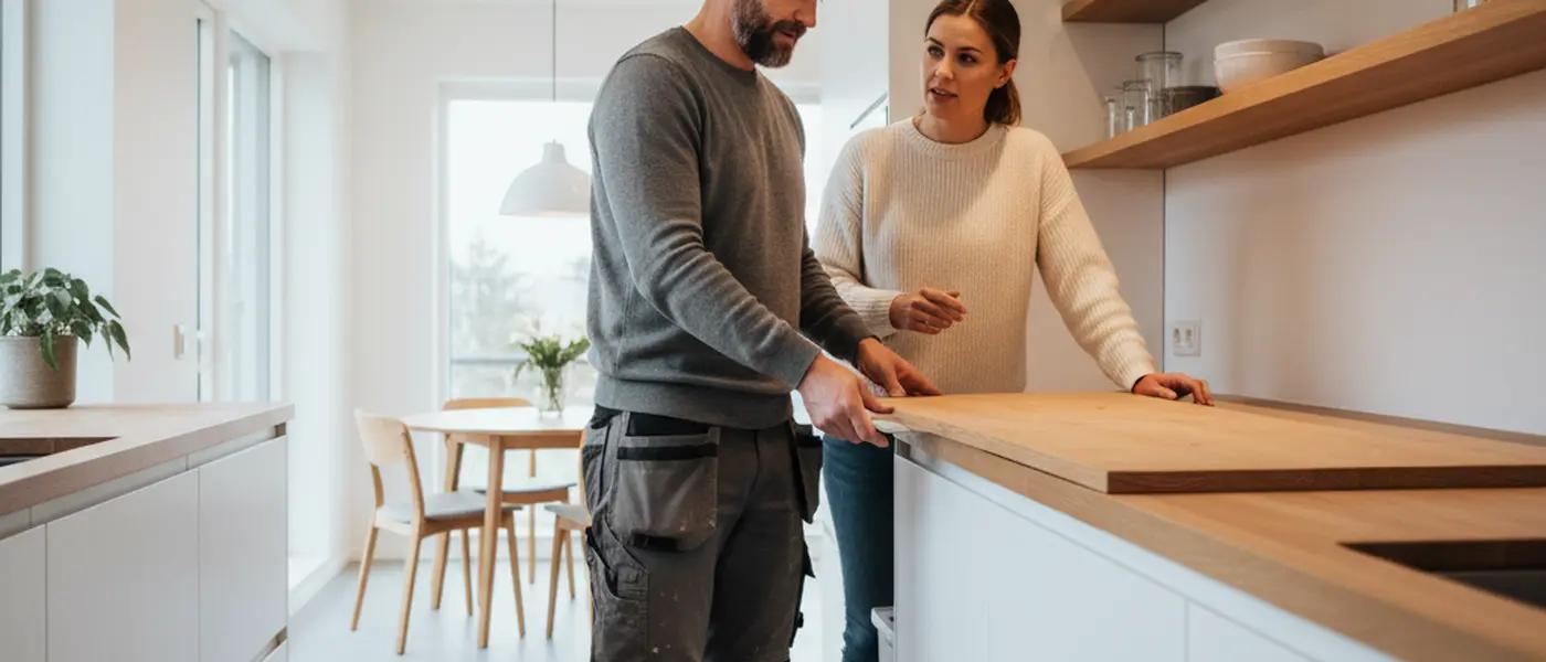 Snekker monterer kjøkkenbenk i et moderne skandinavisk kjøkken mens huseieren følger med