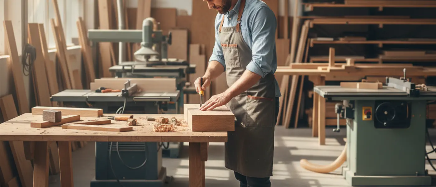 Norsk snekker måler treplanker på en arbeidsbenk i et lyst verksted med håndverktøy på veggen