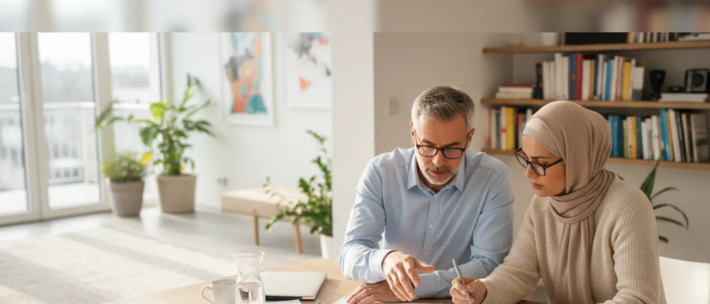 Deutsches muslimisches Ehepaar überprüft Finanzunterlagen zu Hause vor dem Opferfest