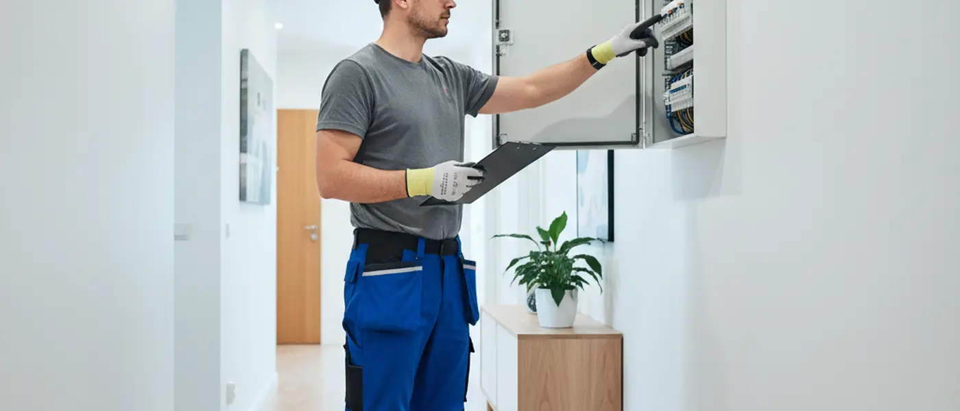Elektriker inspekterar elcentral i en svensk lägenhet med checklista och skyddsutrustning