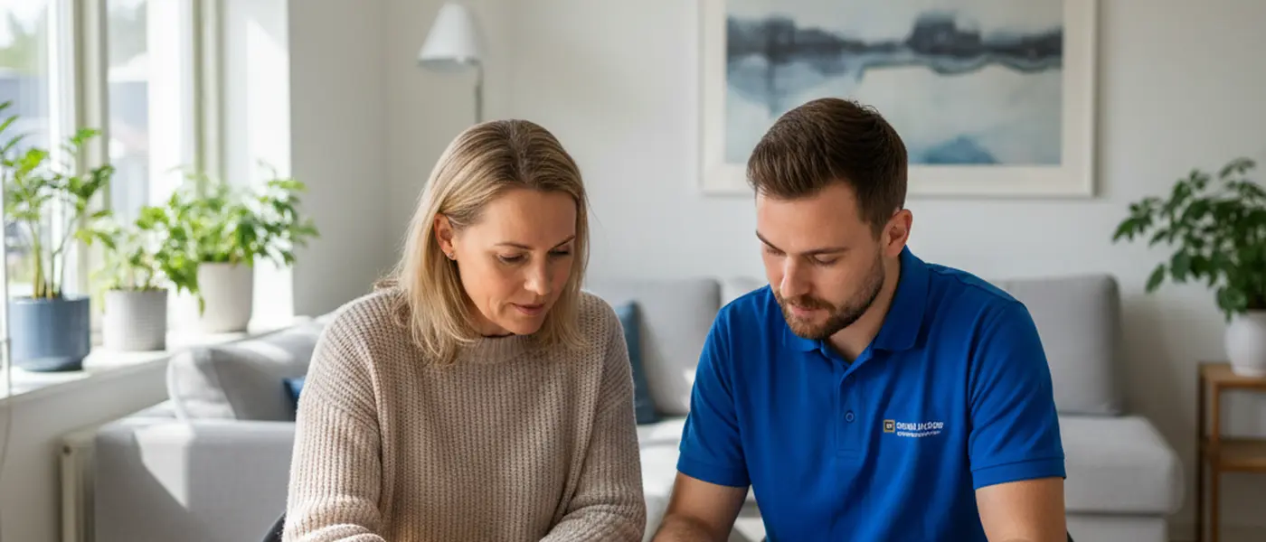 Husägare och elektriker granskar offert vid köksbord i ljust svenskt hem