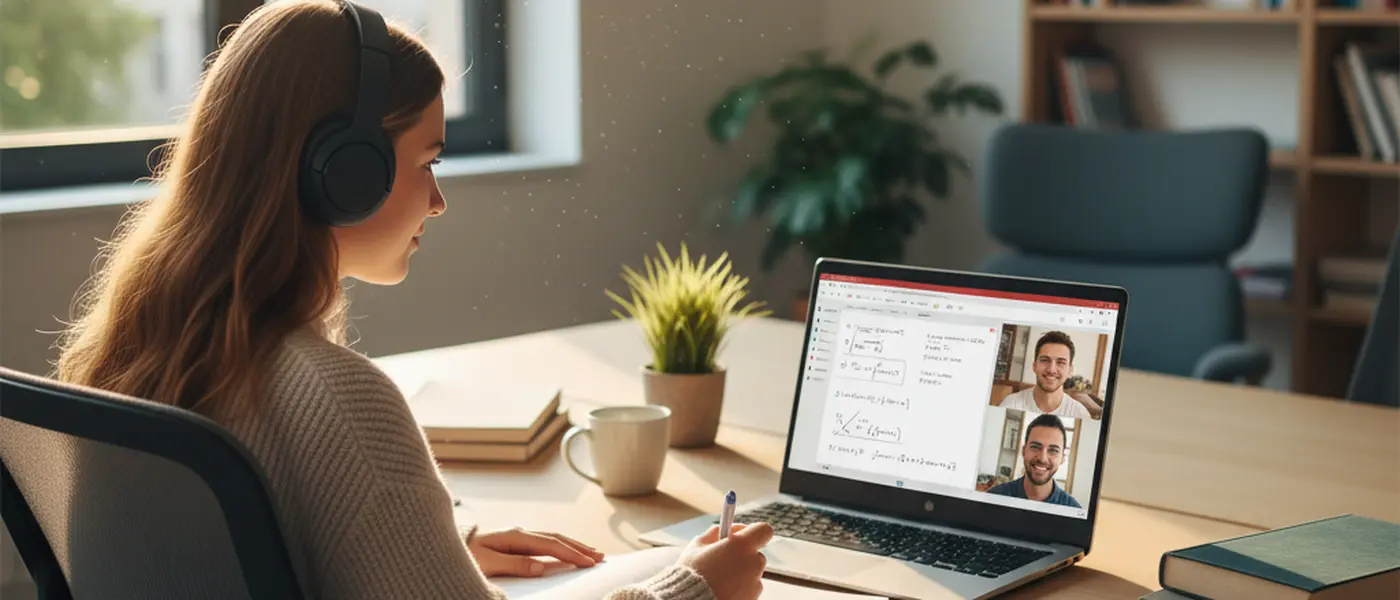 University student taking notes during an online tutoring session with a shared whiteboard