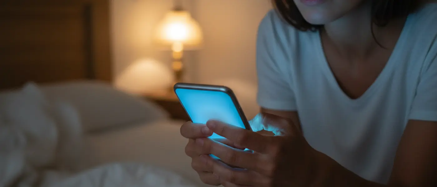 Donna italiana che chiama il dentista di notte dal letto con lo smartphone in mano