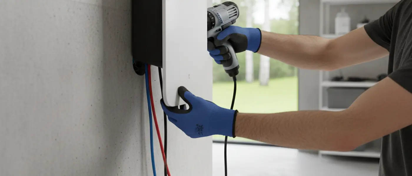 Elektriker i skyddskläder arbetar vid en elcentral i en svensk bostad