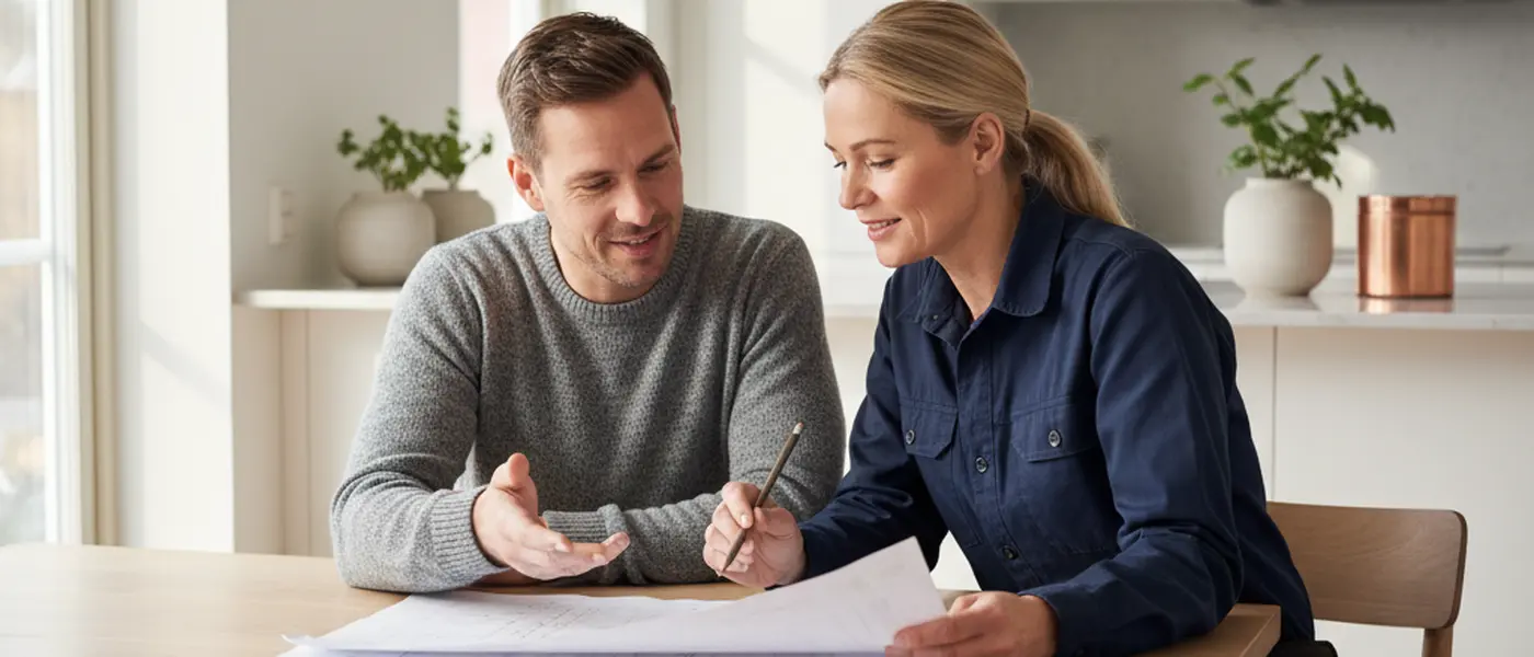 Husägare och elektriker granskar en offert vid ett köksbord i skandinavisk stil