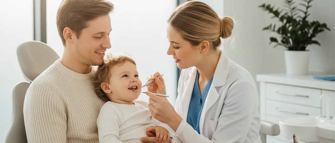 Parent holding a toddler during a gentle dental examination with a dentist using a small mirror