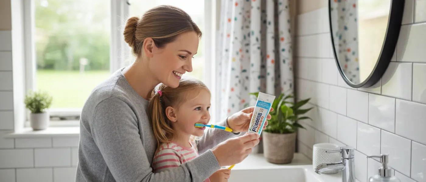 Mother helping her young daughter brush teeth with a colourful children's toothbrush in a bathroom