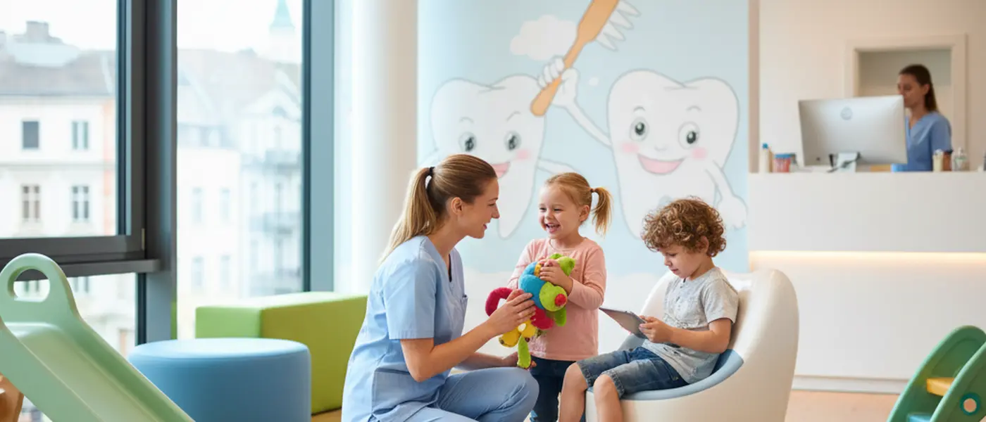 Young child smiling in a modern dental chair with a friendly dentist in a bright NHS dental surgery