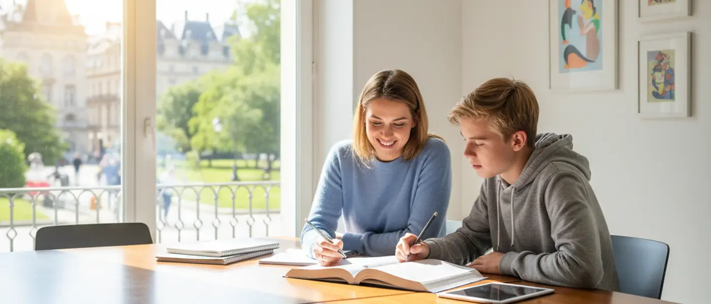 Svensk tonåring studerar med en handledare vid ett ljust köksbord i ett modernt skandinaviskt hem