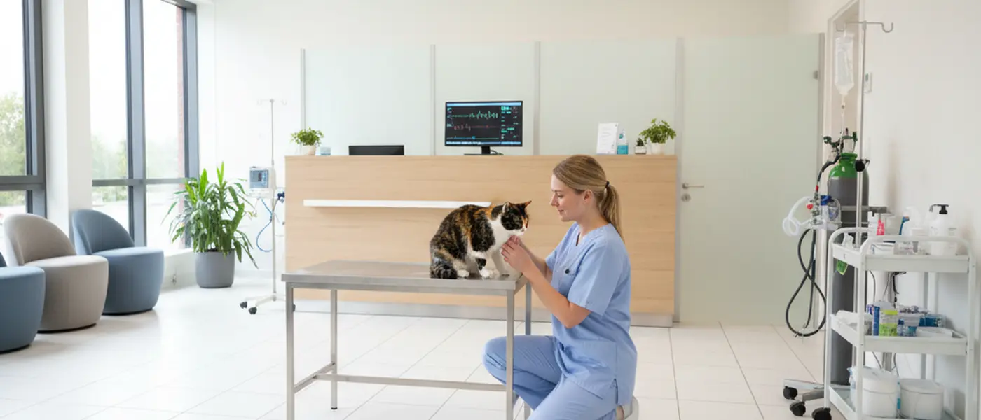 Djursjukskötare undersöker en katt vid triageplats på ett modernt svenskt djursjukhus