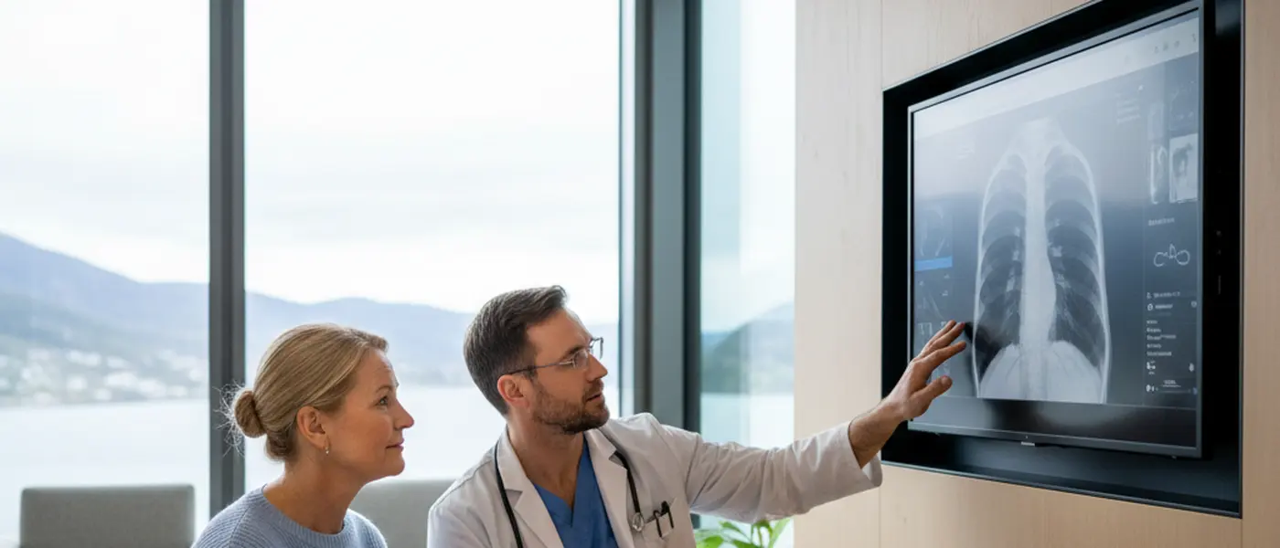 Pasient i konsultasjon med lungespesialist på norsk klinikk