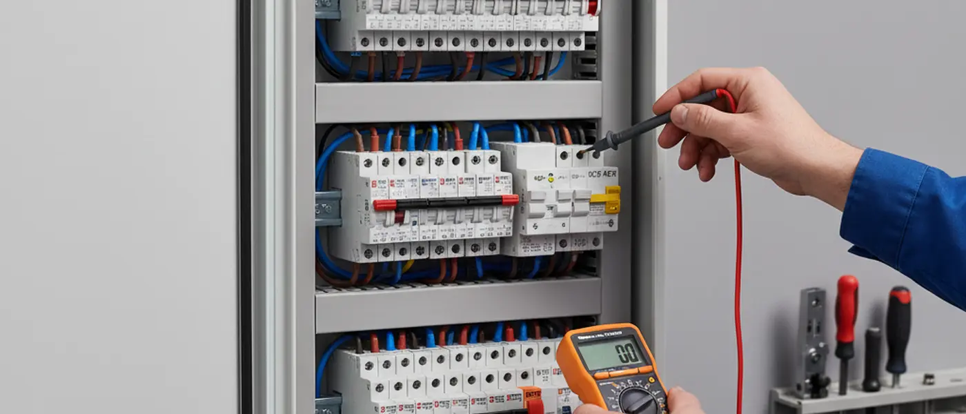 Elektriker inspiserer et moderne sikringsskap med automatsikringer og jordfeilbryter ved hjelp av multimeter