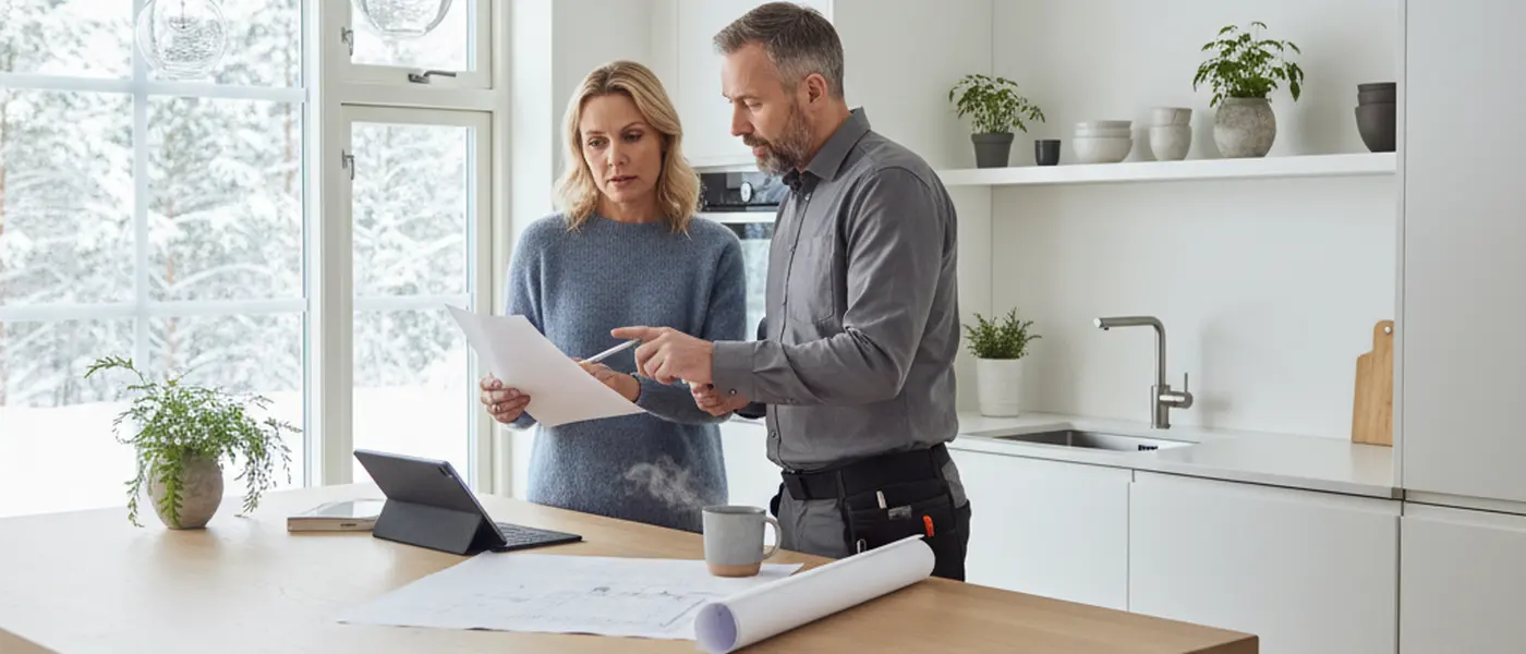 Huseier gjennomgår samsvarserklæring sammen med elektriker på et skandinavisk kjøkken