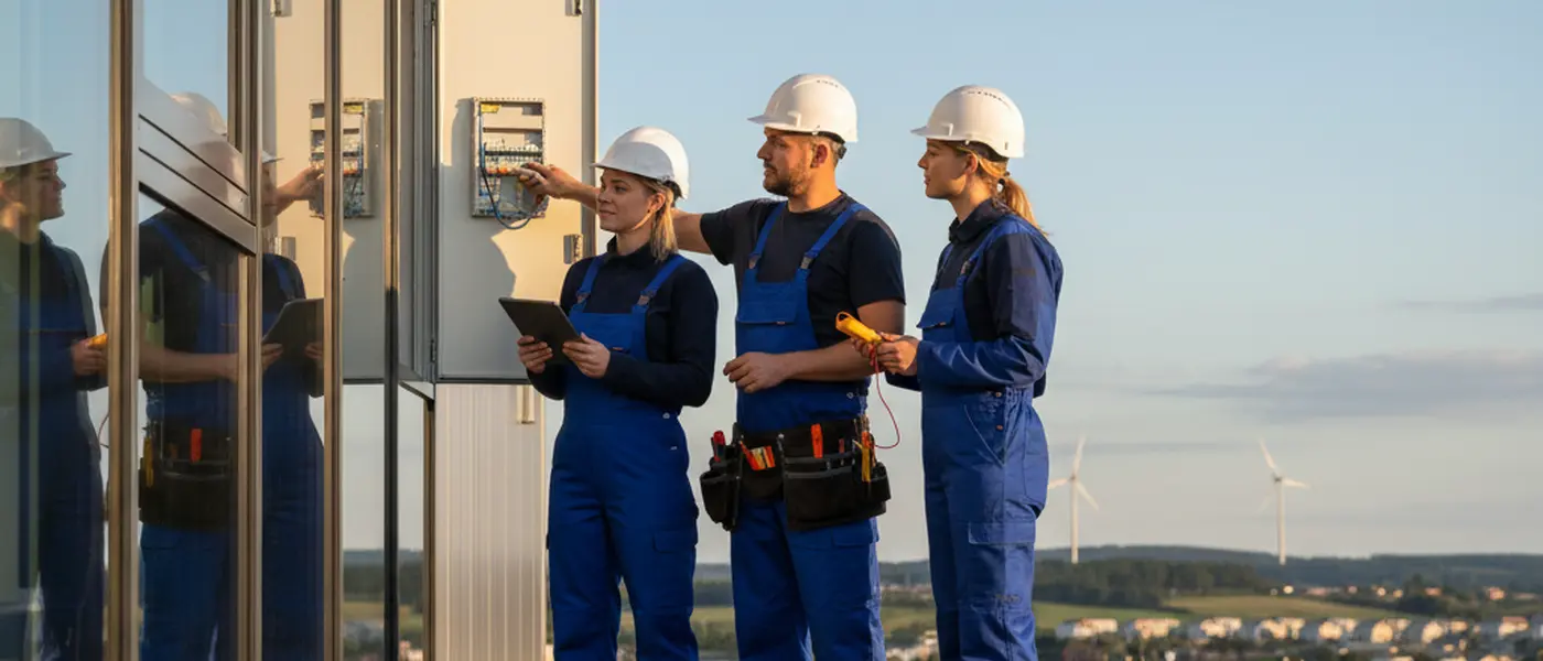 Norsk elektriker inspiserer sikringsskap med lommelykt i en bolig om natten