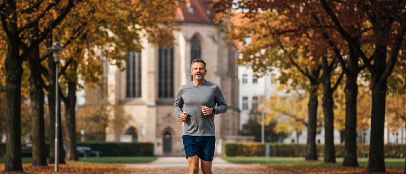 Mann beim Joggen in einem herbstlichen Stadtpark in Deutschland