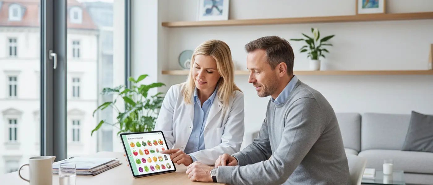 Ernährungsberaterin zeigt einem Patienten einen Ernährungsplan auf einem Tablet in einer Arztpraxis