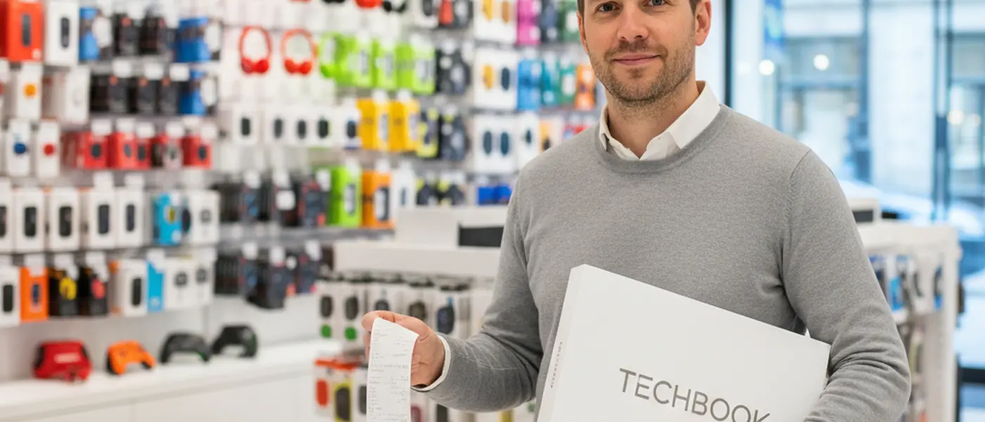 Kund som jämför elektronikpriser på surfplatta i en svensk elektronikbutik