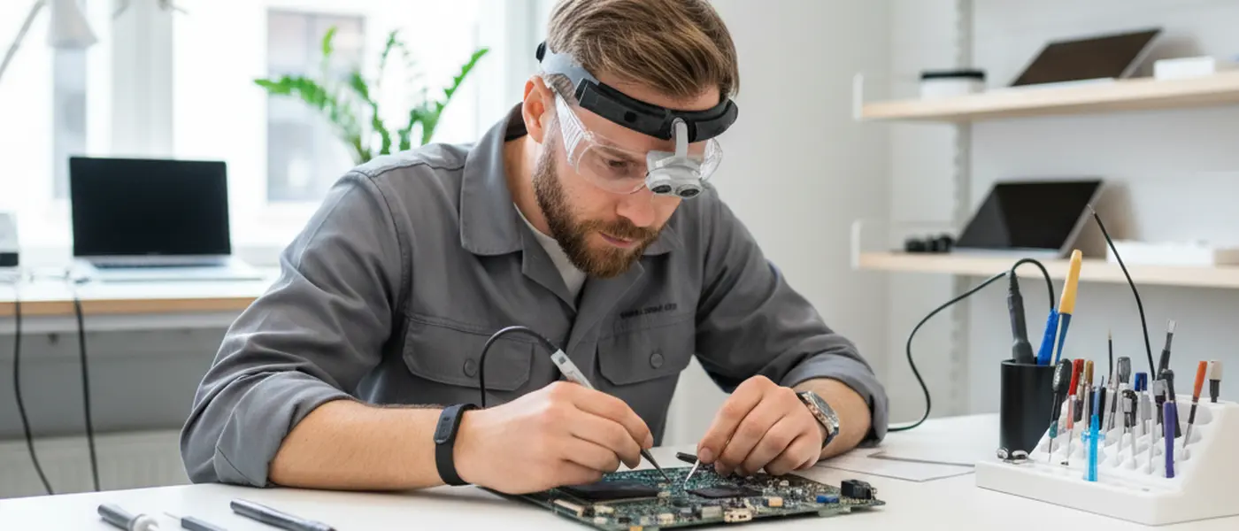 Tekniker reparerar en bärbar dator med precisionsverktyg i en skandinavisk verkstad