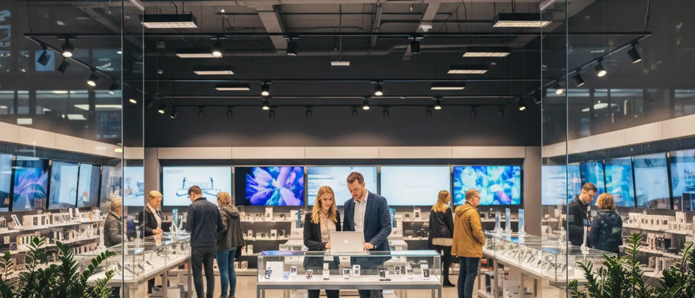 Ung kvinna jämför elektronikpriser på surfplatta i en modern svensk elektronikbutik