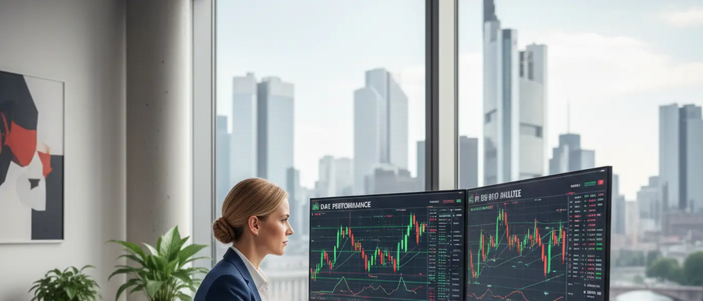 Deutscher Finanzberater analysiert Vincorion IPO-Daten auf Bildschirmen in Frankfurter Büro