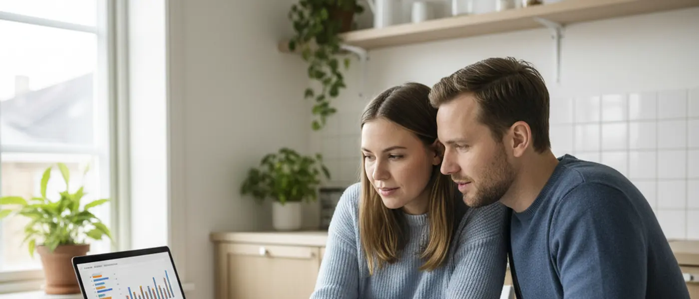 Svenskt par granskar bolånedokument och finansiell information hemma vid köksbordet