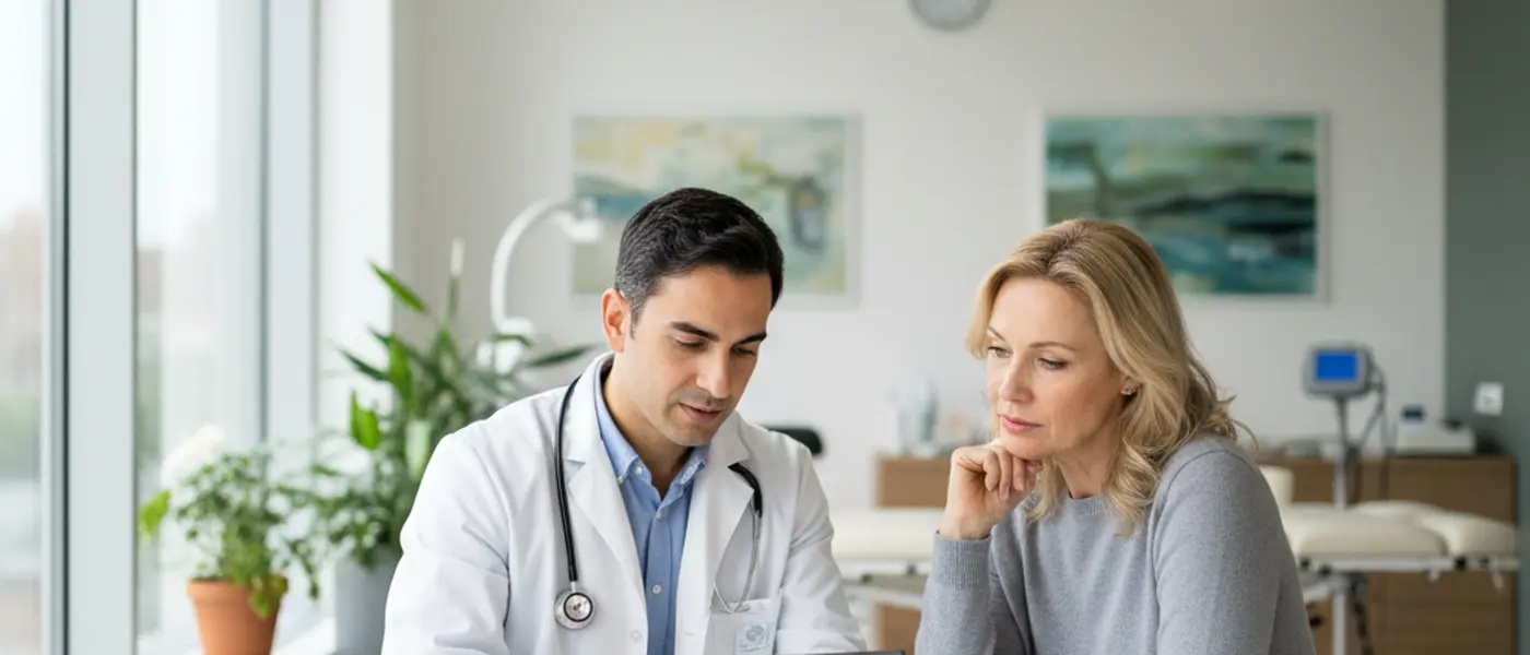 Medico italiano in camice bianco che consulta un paziente in una clinica moderna, analizzando risultati di screening su un tablet