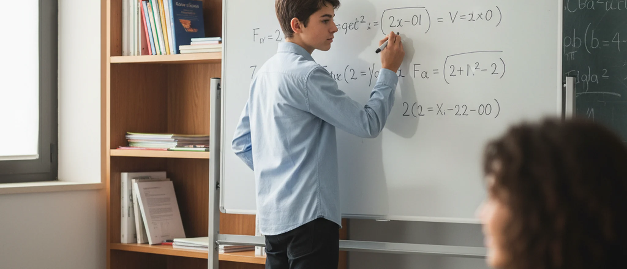 Studentessa e tutor lavorano insieme su problemi di matematica a una scrivania con quaderni e calcolatrice