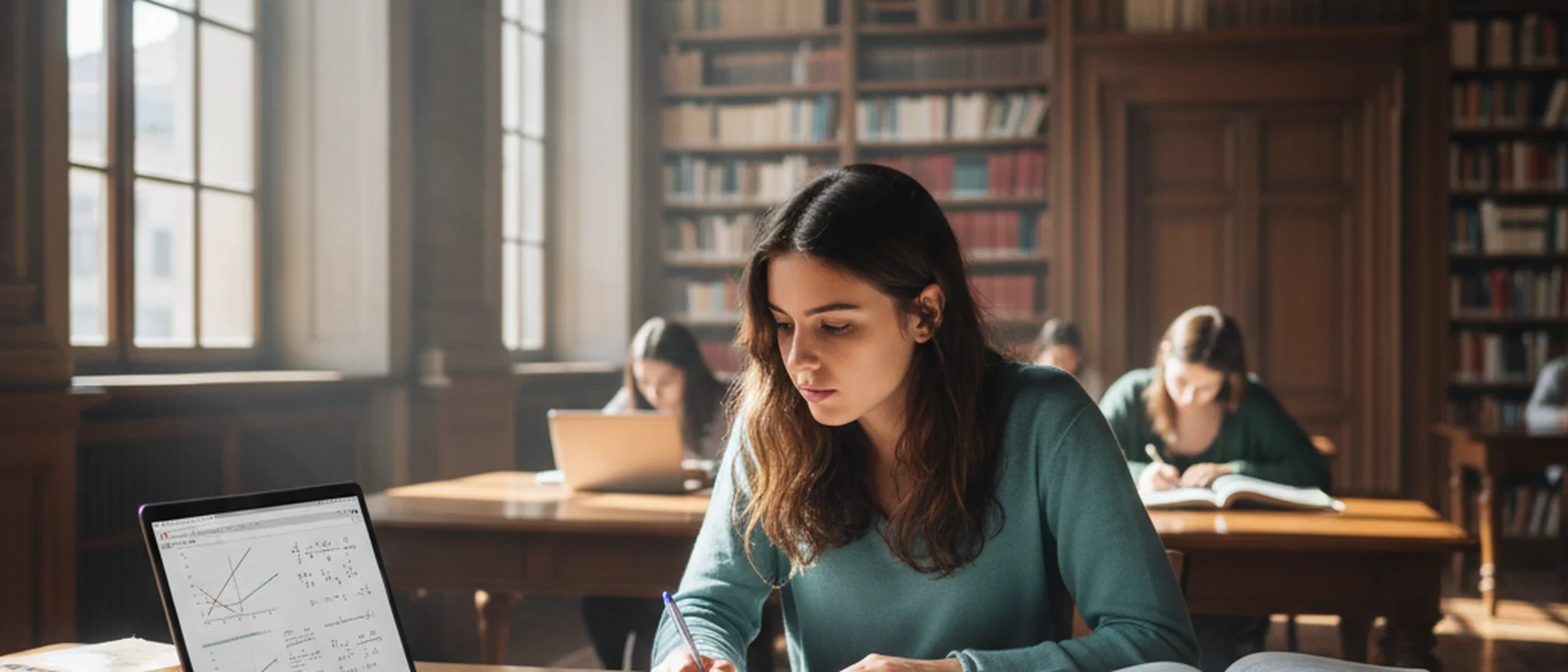 Studente universitario studia analisi matematica con laptop e libri di testo in biblioteca